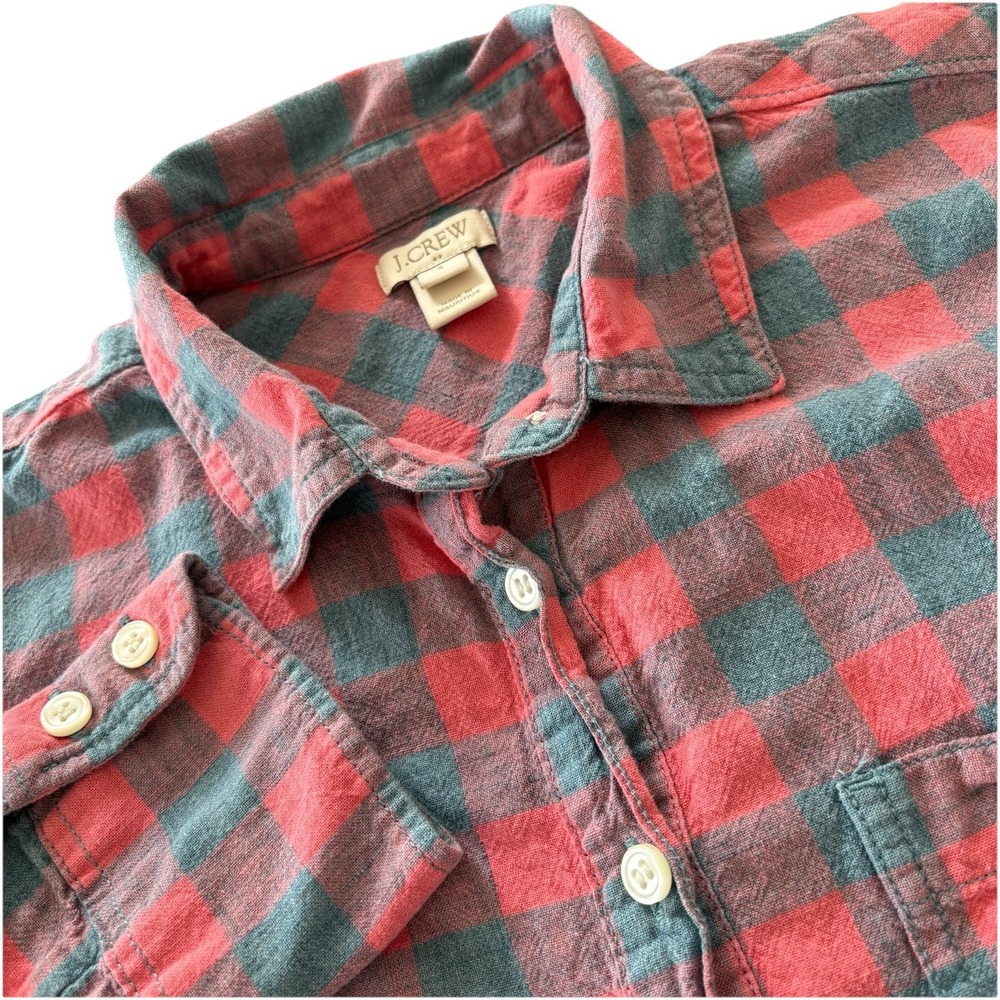 J.Crew Flannel Popover Henley Shirt Womens S Pink Blue Plaid Boyfriend Fit AD379
